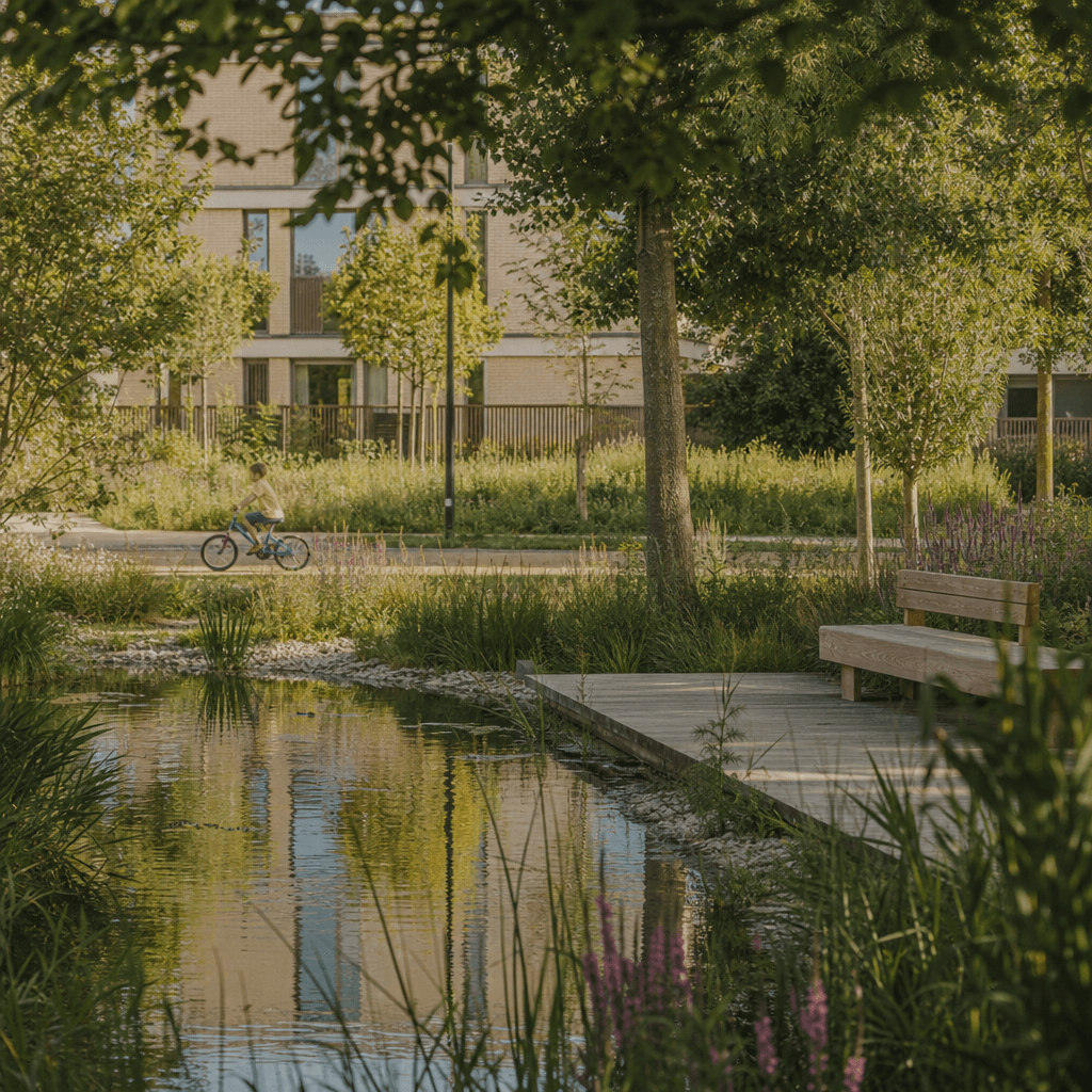 Een opnieuw ingericht Nederlands buurtpark: een organische vijver met natuurlijke beplanting, een houten vlonder en een enkele bank, in warm middaglicht