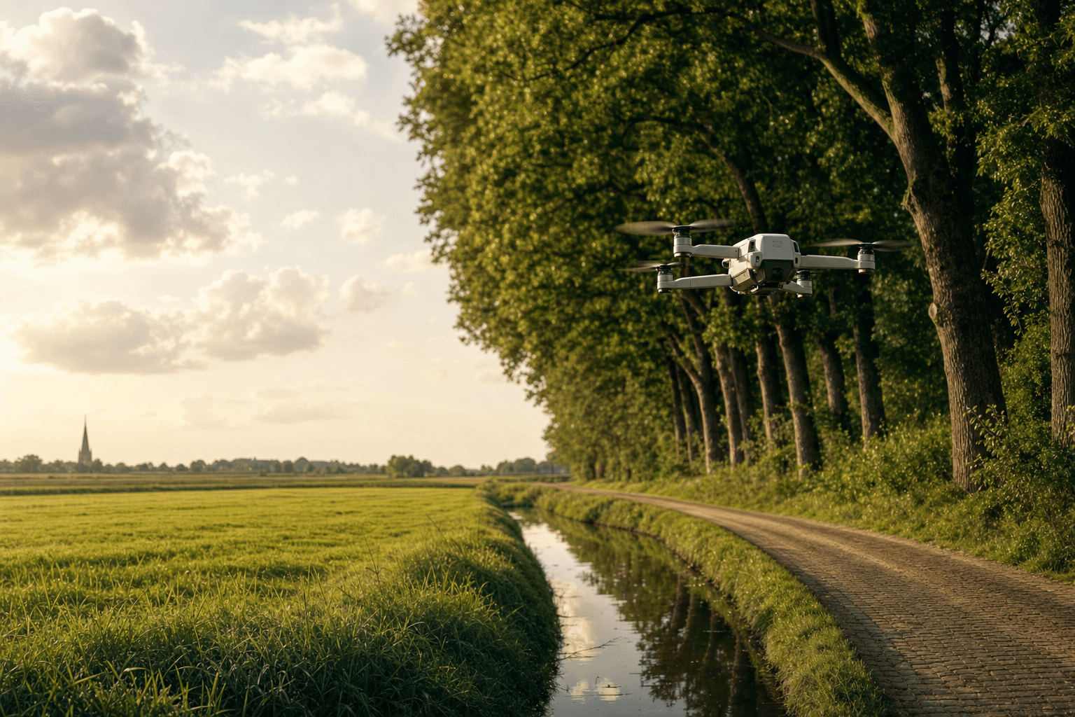 Een kleine survey-drone hangt laag boven een Nederlands landschap in late middagzon, met de patchwork van land en water onder zich